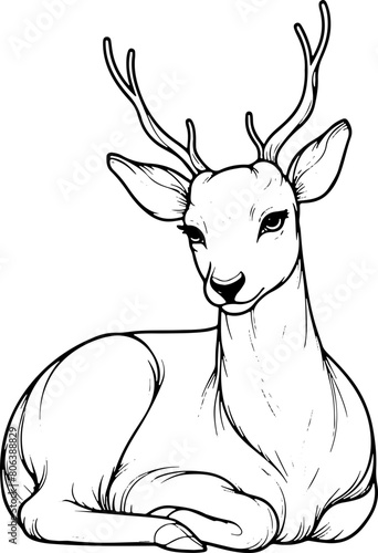 Cerf chevreuil  - Dessin au trait line art, vecteur noir avec contour isolé fond transparent. Style minimaliste, peut convenir a page de livre de coloriage, journal, agenda, cahier.
