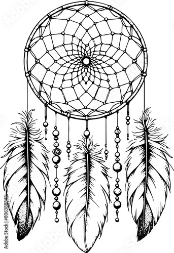 Attrape rêves - Dessin au trait line art, vecteur noir avec contour isolé fond transparent. Style minimaliste, peut convenir a page de livre de coloriage, journal, agenda, cahier.