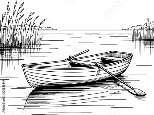 Barque bateau sur lac ou mer  - Dessin au trait line art, vecteur noir avec contour isolé fond transparent. Style minimaliste, peut convenir a page de livre de coloriage, journal, agenda, cahier.