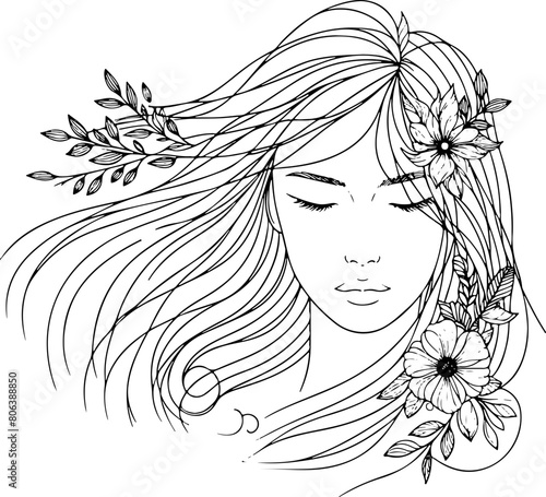 Femme cheveux longs visage - Dessin au trait line art, vecteur noir avec contour isolé fond transparent. Style minimaliste, peut convenir a page de livre de coloriage, journal, agenda, cahier.