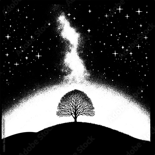 arbre sur colline de nuit - Dessin au trait line art, vecteur noir avec contour isolé fond transparent. Style minimaliste, peut convenir a page de livre de coloriage, journal, agenda, cahier.