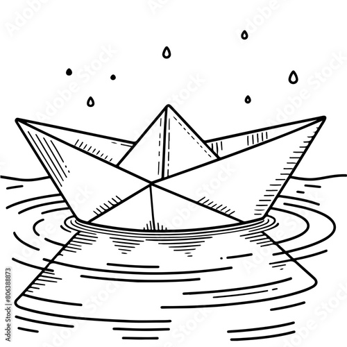 Bateau en papier qui flotte  - Dessin au trait line art, vecteur noir avec contour isolé fond transparent. Style minimaliste, peut convenir a page de livre de coloriage, journal, agenda, cahier.