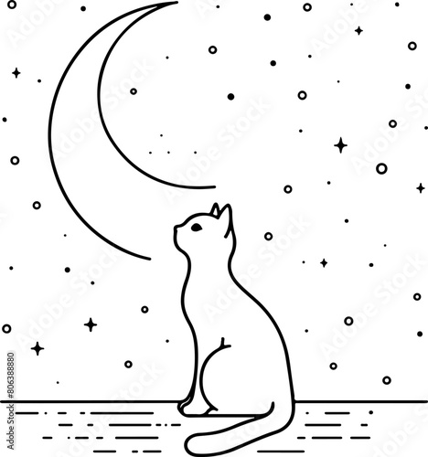 Chat et lune simpliste - Dessin au trait line art, vecteur noir avec contour isolé fond transparent. Style minimaliste, peut convenir a page de livre de coloriage, journal, agenda, cahier.