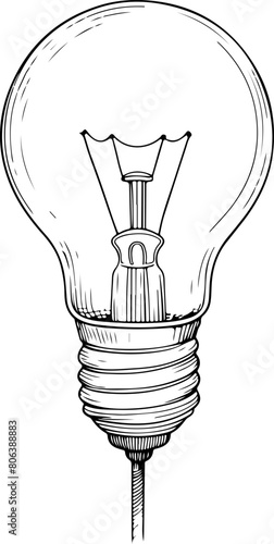  Ampoule bulbe - Dessin au trait line art, vecteur noir avec contour isolé fond transparent. Style minimaliste, peut convenir a page de livre de coloriage, journal, agenda, cahier.