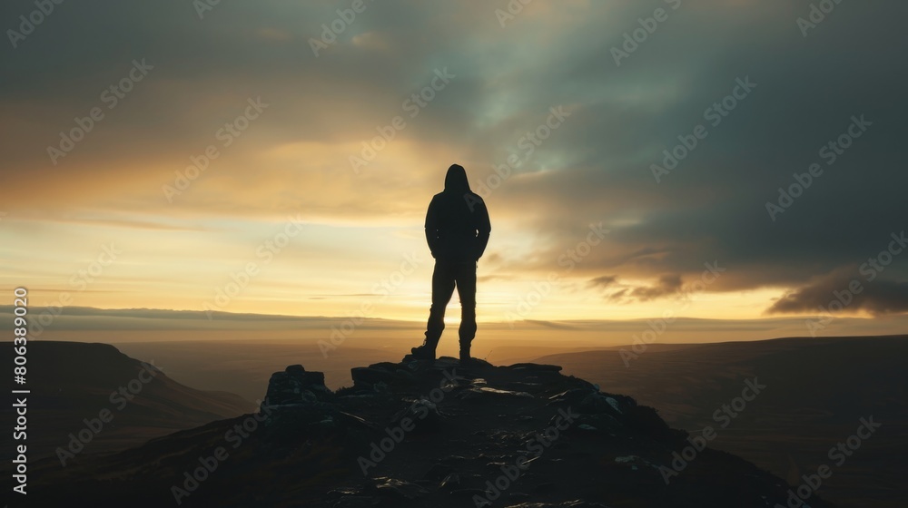 Imposing Silhouette Against Vast Landscape: Embodying Dominance and Stature