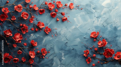 Red Flowers on Blue Background