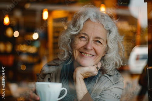 Happy mature woman with coffee cup sitting in cafe seen through glass 
