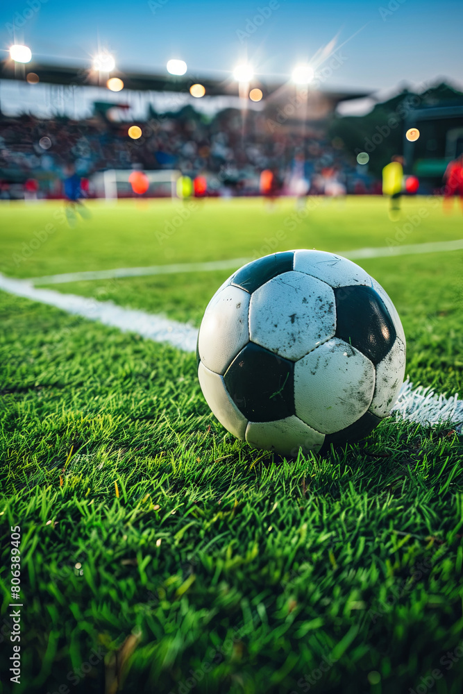 Closeup soccer ball on grass of football field at crowded stadium with spotlights at evening time
Closeup soccer ball on grass of football field at crowded stadium with spotlights at evening time