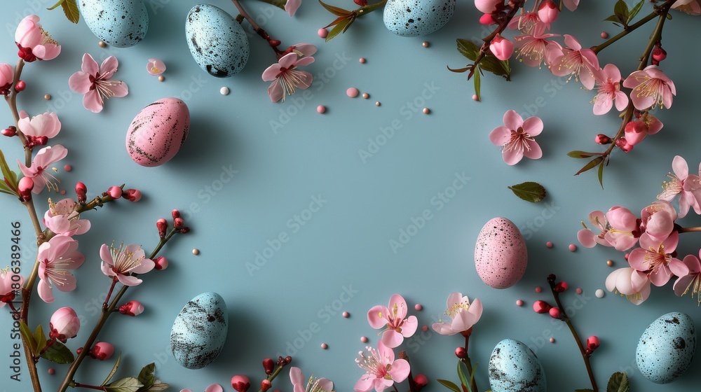 Blue Background With Pink Flowers and Eggs