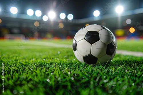 Closeup soccer ball on grass of football field at crowded stadium with spotlights at evening time
