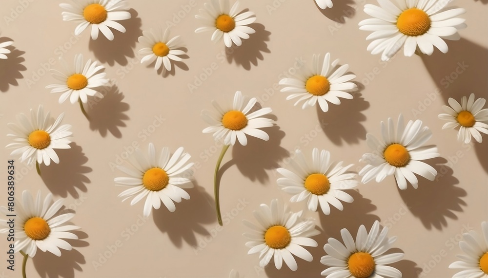 Elegant aesthetic chamomile daisy flowers pattern with sunlight shadows on neutral beige background with copy space created with generative ai
