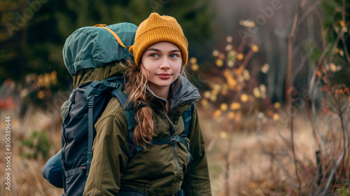 traveler with backpack hiking in mountains