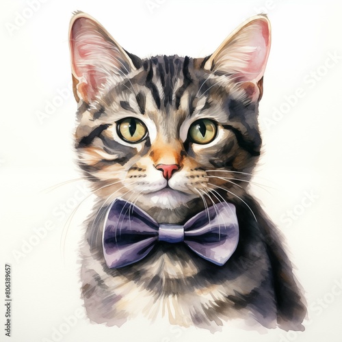 Cat with tie. Elegant kitten clipart. Watercolor illustration. Generative AI. Detailed illustration. © Studicon
