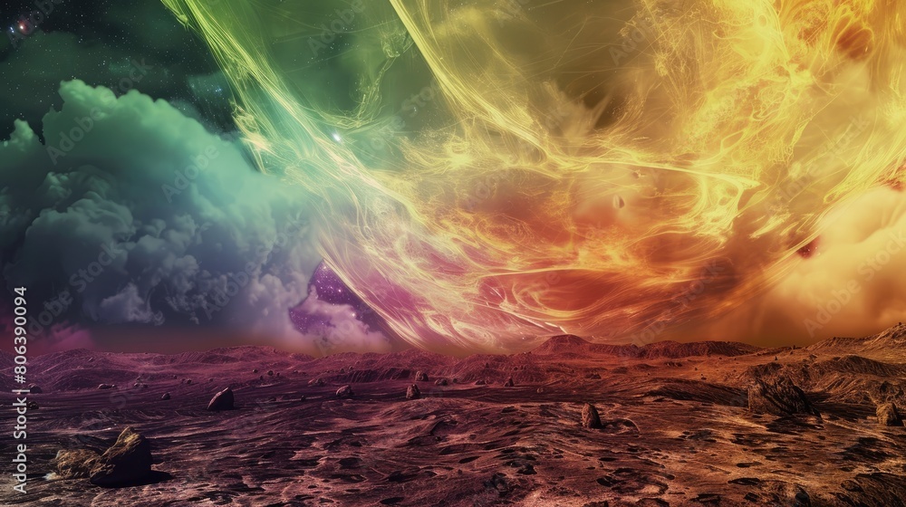 A surreal scene of magnetic storms on a barren exoplanet, with multicolored skies caused by intense magnetic activity, rocky landscape beneath 