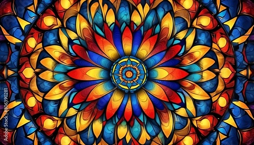 Mandala background with stained glass effect and primary colors. Kaleidoscope art lovers and artistic design. Mandala patterns with stained glass and kaleidoscope effect for dynamic generative ai