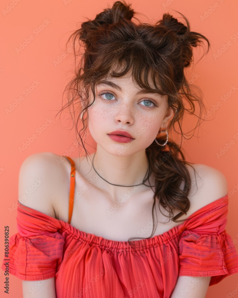 Young woman with blue eyes and red off-shoulder dress on coral background. Studio portrait with a modern fashion style. Youth and beauty concept. Design for greeting card, poster, invitation Young woman with blue eyes and red off-shoulder dress on coral background. Studio portrait with a modern fashion style. Youth and beauty concept. Design for greeting card, poster, invitation