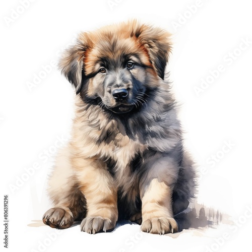 Caucasian shepherd dog. Puppy dog. Caucasian mountain dog clipart. Watercolor illustration. Generative AI. Detailed illustration.