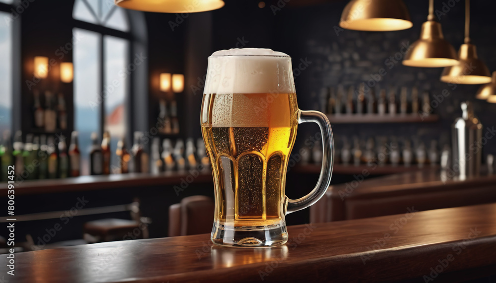 Glass of beer on a bar counter in a pub or restaurant, Oktoberfest celebration, international beer day concept Glass of beer on a bar counter in a pub or restaurant, Oktoberfest celebration, international beer day concept