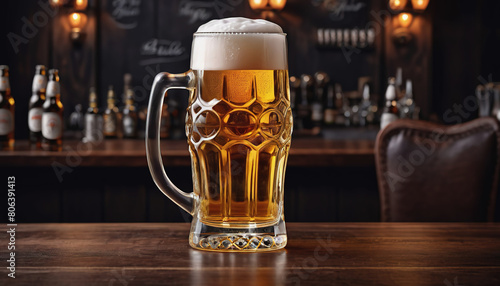 Glass of beer on a bar counter in a pub or restaurant, Oktoberfest celebration, international beer day concept