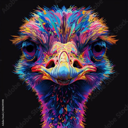 frontal view ostrich with the use of geometric patterns and vivid colors