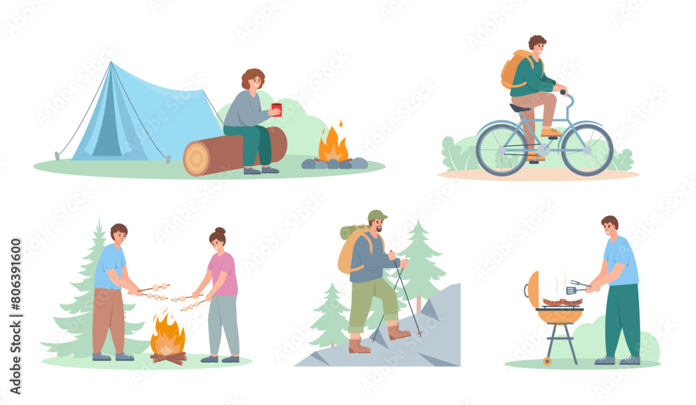 Fototapeta premium Camping people set. Happy men and women characters relaxing in nature. Summer tourist vocation vector illustrations isolated on white background.