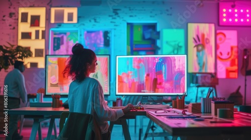 A man is using a computer in an office building, surrounded by tables, paintings, and art in a magenta-themed room. AIG41