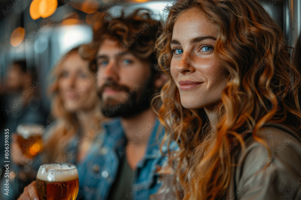 Group of friends enjoying a brewery tour, tasting various craft beers with a guide explaining brewing processes. AI generated. Group of friends enjoying a brewery tour, tasting various craft beers with a guide explaining brewing processes. AI generated.