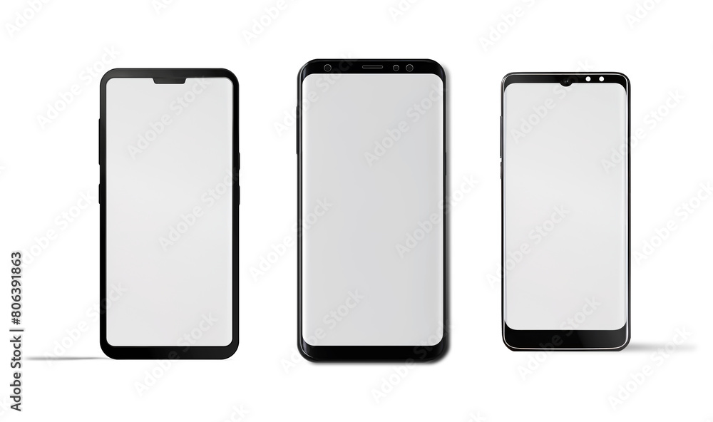 Three smartphones with blank screens isolated on white with varying drop shadows. Tablet or phone vector mockup for images, apps, websites, logos. Modern mobile smart device with shadow, empty display Three smartphones with blank screens isolated on white with varying drop shadows. Tablet or phone vector mockup for images, apps, websites, logos. Modern mobile smart device with shadow, empty display