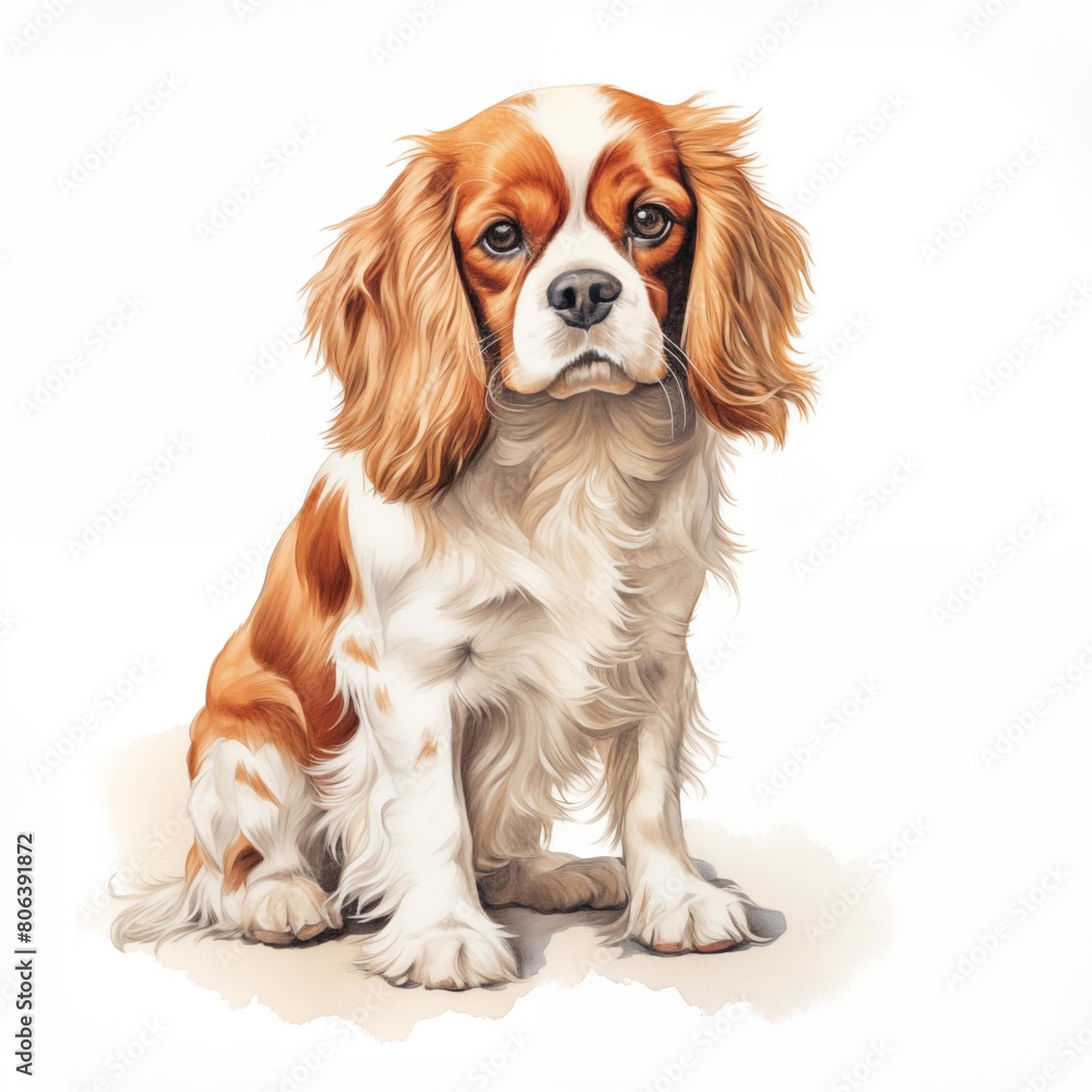Cavalier King Charles spaniel. Cavalier King Charles spaniel dog clipart. Watercolor illustration. Generative AI. Detailed illustration.