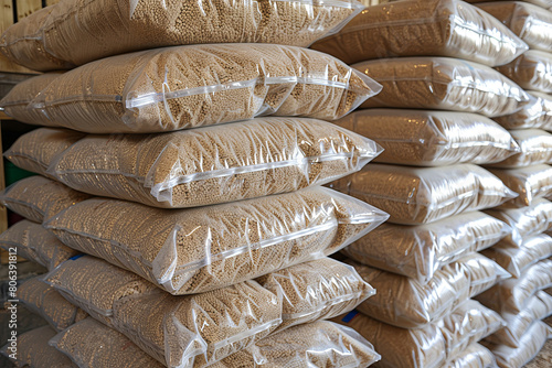 1 ton of wooden pellets packed in 15kg bags. Wooden pellets stacked in plastic bags 