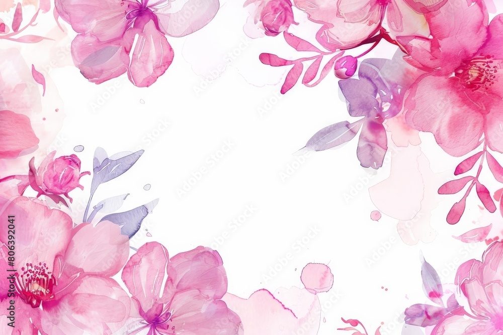Pink Flowers Watercolor Painting on White Background