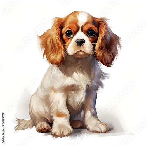 Cavalier King Charles spaniel. Puppy dog. King spaniel clipart. Watercolor illustration. Generative AI. Detailed illustration.