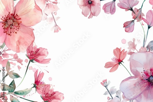 Pink Flowers Watercolor Painting on White Background