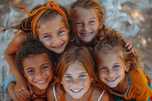 Cheerful joyful cute little children playing together and having fun. Group portrait of happy kids huddling, looking up at camera and smiling. Low angle, view from the top. Friendship concept