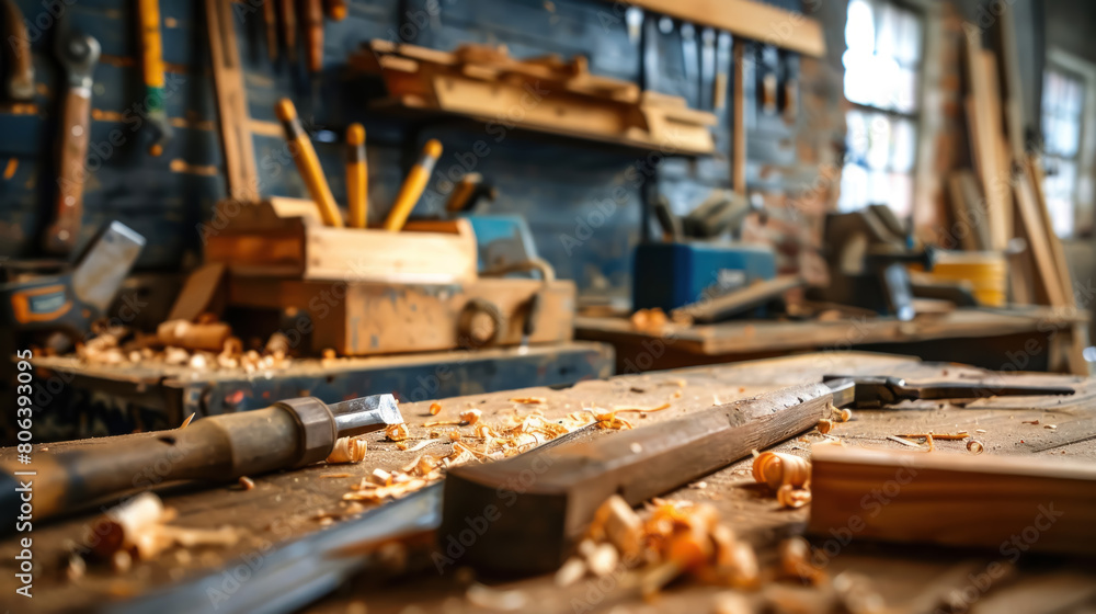 DIY Woodworking, Hand tools and wooden planks in workshop, Craftsmanship, Space for text DIY Woodworking, Hand tools and wooden planks in workshop, Craftsmanship, Space for text