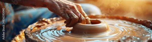 Weekend Pottery Class, Hands shaping clay on pottery wheel, Creative workshop, Copy space