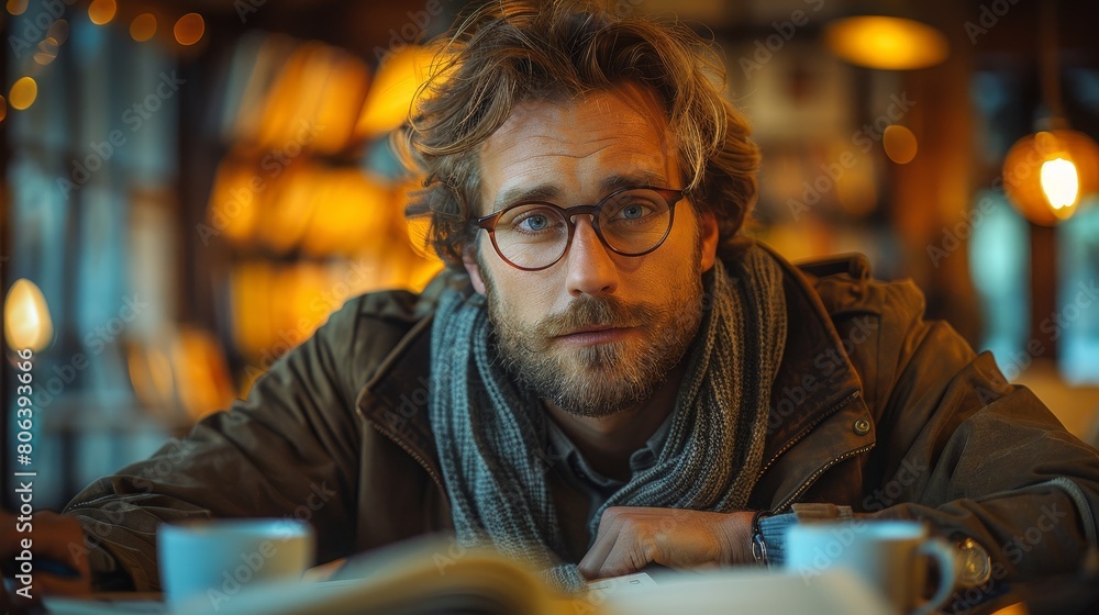 A man with glasses and a scarf is sitting in a cafe, looking at the camera with a pensive expression. He has a book open in front of him and two empty coffee cups on the table. A man with glasses and a scarf is sitting in a cafe, looking at the camera with a pensive expression. He has a book open in front of him and two empty coffee cups on the table.
