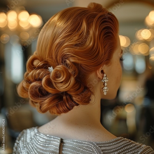 The photo shows a woman with beautiful red curly hair. The hair is styled in a vintage wave pattern and is held in place with a hair clip. The