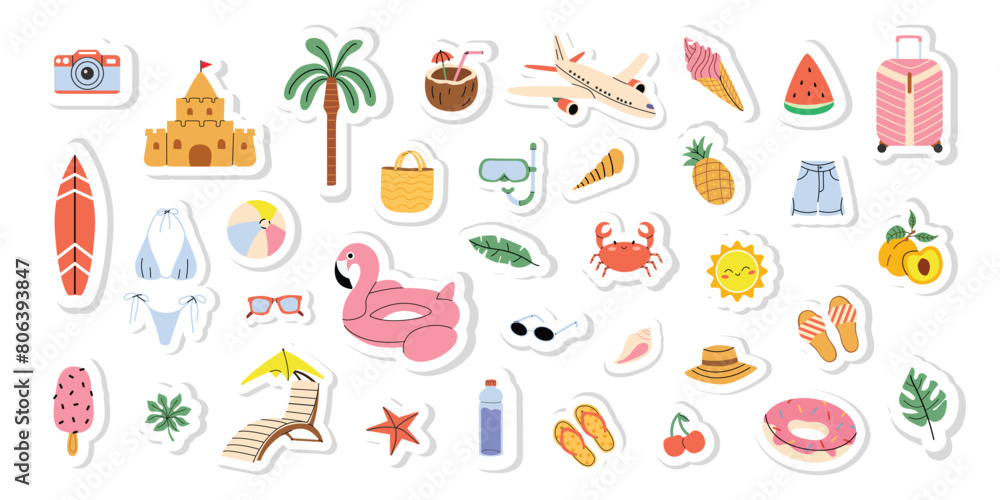 Large set of summer stickers. Vector hand drawn flat illustrations, cliparts, sings for planner and organizer. White isolated background. Large set of summer stickers. Vector hand drawn flat illustrations, cliparts, sings for planner and organizer. White isolated background.