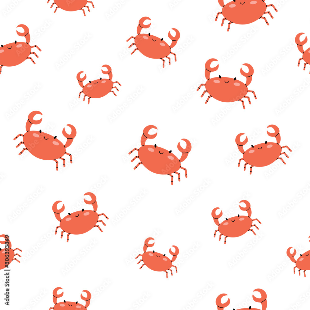 Seamless pattern with crab. Sea cute inhabitant. Vector illustration in flat style. Cute minimalistic pattern. For textiles and packaging. White isolated background.