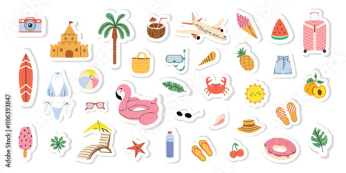 Large set of summer stickers. Vector hand drawn flat illustrations, cliparts, sings for planner and organizer. White isolated background.