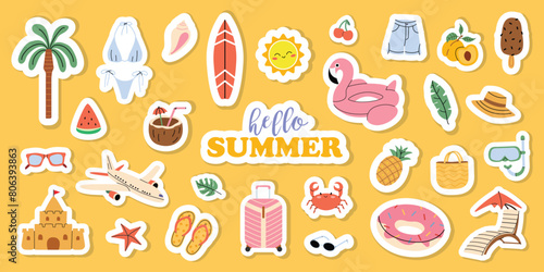 Cute set summer stickers. Cartoon icons elements for summer vacation  holiday at tropical resort.  Hello summer. Hand drawn style. Orange isolated background.