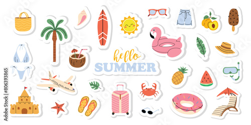 Set of summer holiday stickers. Cute summer elements for scrapbooking. Hello summer. Vacation or relaxing on beach. Flat vector collection on white isolated background.