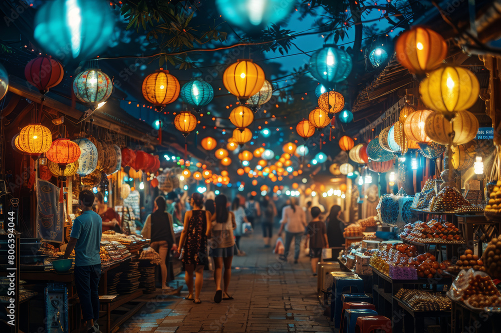 Busy night market with strings of lanterns overhead and people shopping for traditional crafts and snacks.. AI generated. Busy night market with strings of lanterns overhead and people shopping for traditional crafts and snacks.. AI generated.