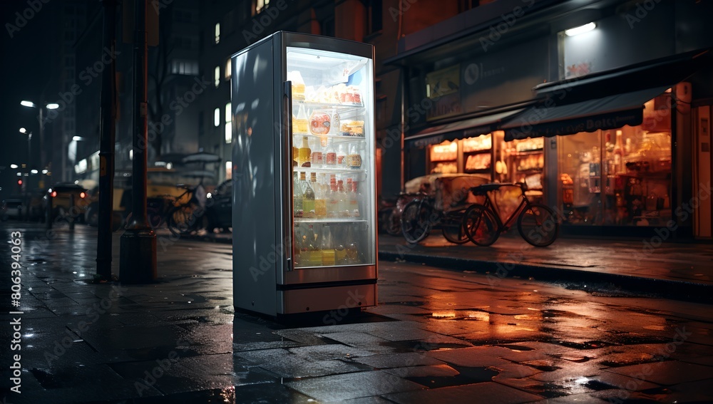 a refrigerator is on the sidewalk in the rain at night time a refrigerator is on the sidewalk in the rain at night time