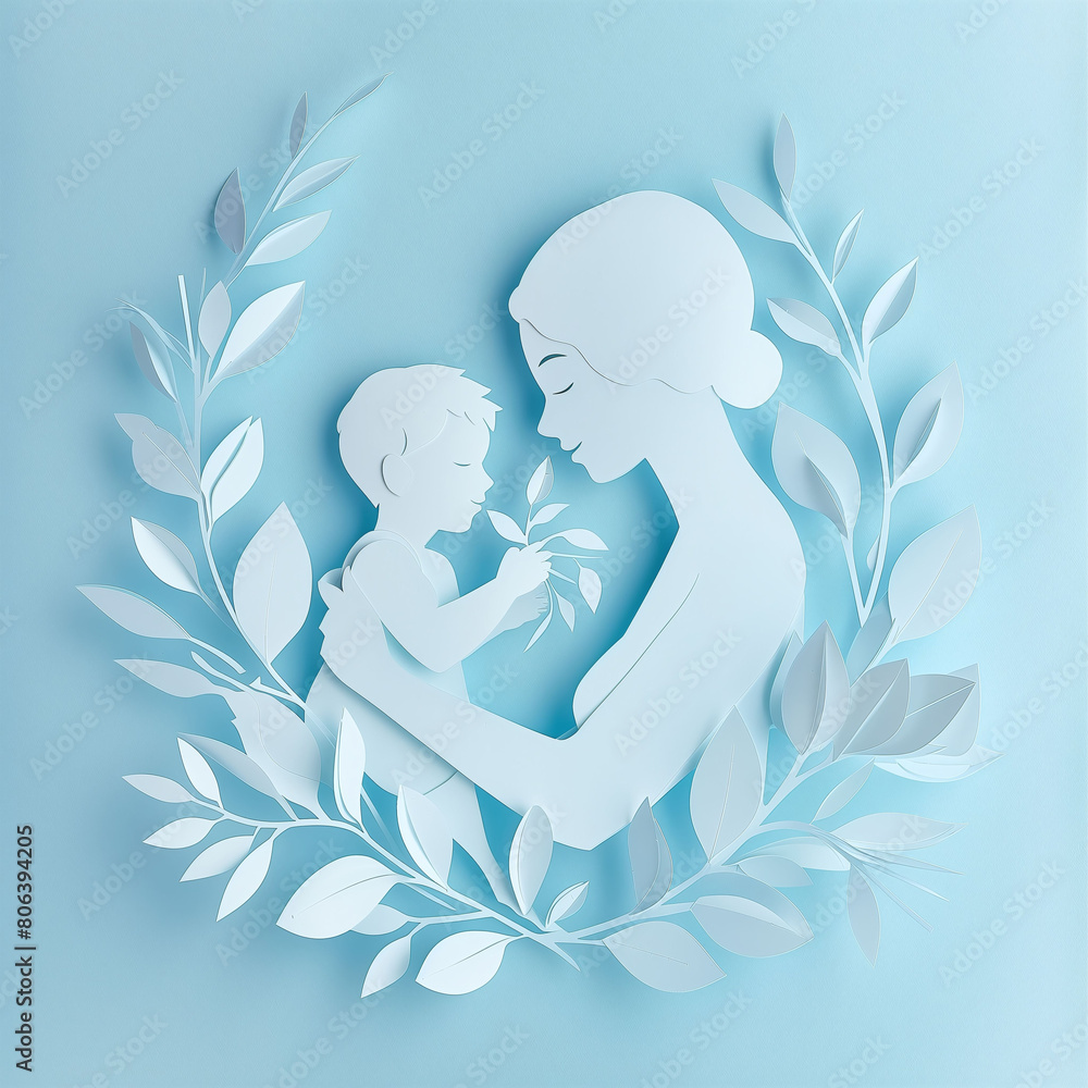 Mother's day greeting banner, abstract cutout shape. silhouettes of woman and child, beautiful branches around, greeting text. blue design element for holiday banner, poster. Mother's day greeting banner, abstract cutout shape. silhouettes of woman and child, beautiful branches around, greeting text. blue design element for holiday banner, poster.