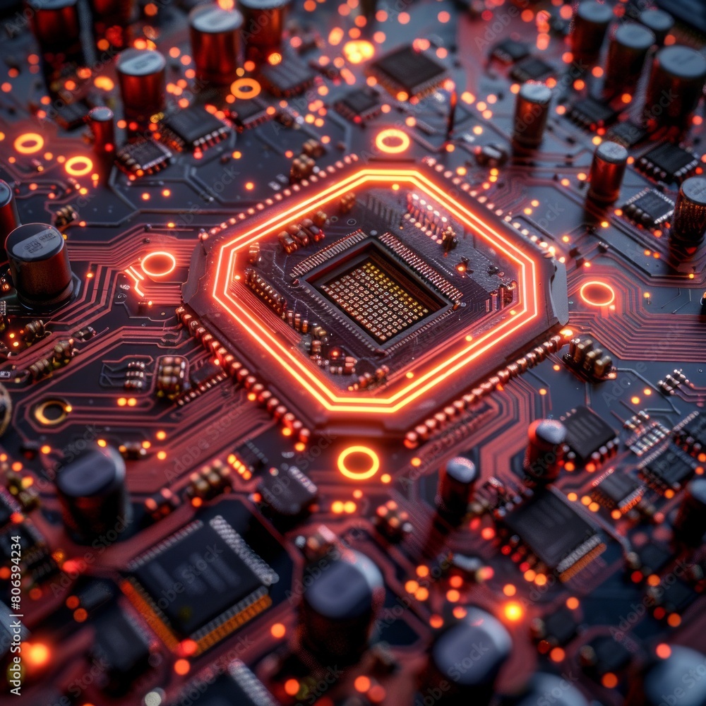 3D rendering of cyberpunk AI. Circuit board. Technology background. Central Computer Processors CPU and GPU concept. Motherboard digital chip. Tech science background. 