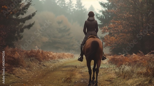 a person riding a horse on a path in the woods with trees in the background and fog in the air photo