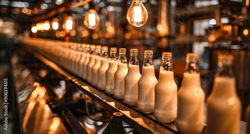 a row of bottles of milk on a shelf in a store photo