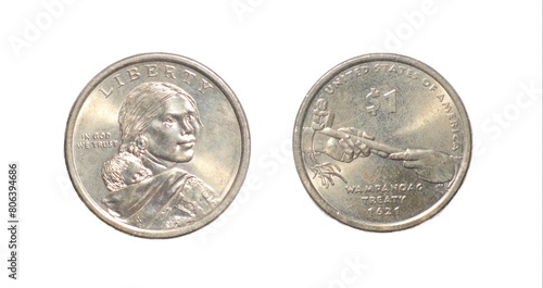 2011 Sacagawea Dollar Coin WAMPANOAG TREATY 1621 carrying her young son, Jean Baptiste. reverse side with hands of Supreme Sachem Ousamequin Massasoit and John Carver, symbolically offering peace pipe photo